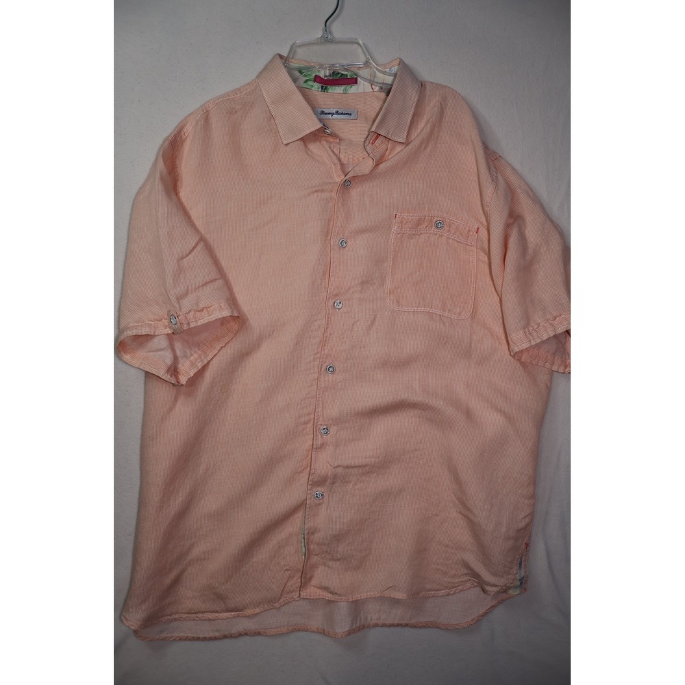 Tommy Bahama Mens XL Peach White Striped Short Sleeve Button Down Shirt Linen?